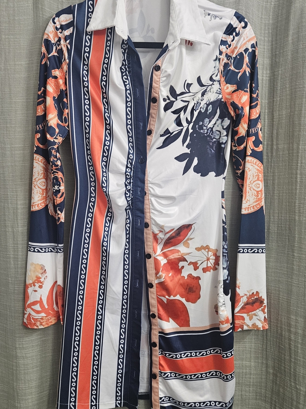 CBR Navy, White & Orange Floral-Stripe Button Down Shirt Dress